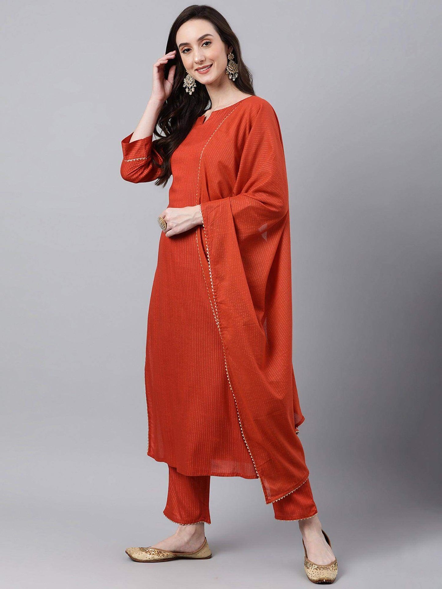 Orange Rayon Striped Kurta with Pant and Dupatta