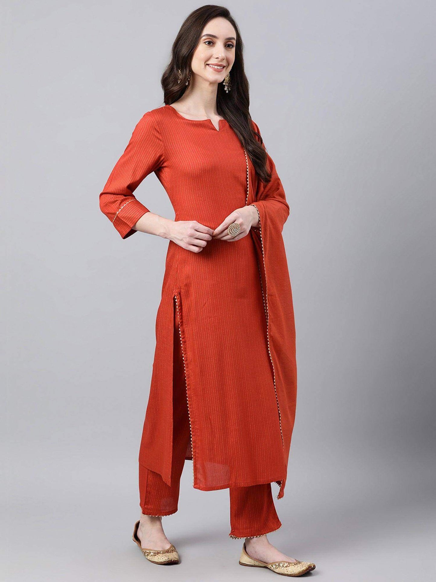 Orange Rayon Striped Kurta with Pant and Dupatta