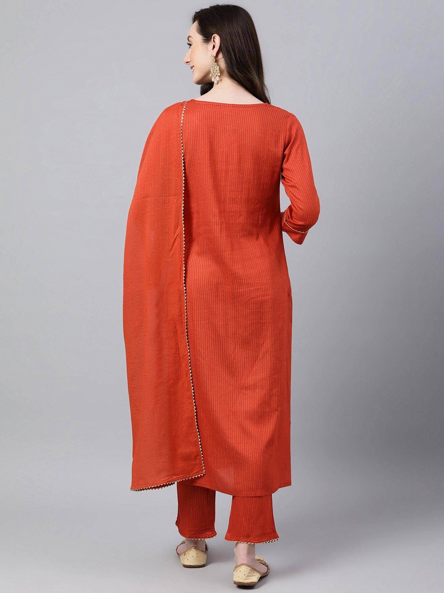 Orange Rayon Striped Kurta with Pant and Dupatta