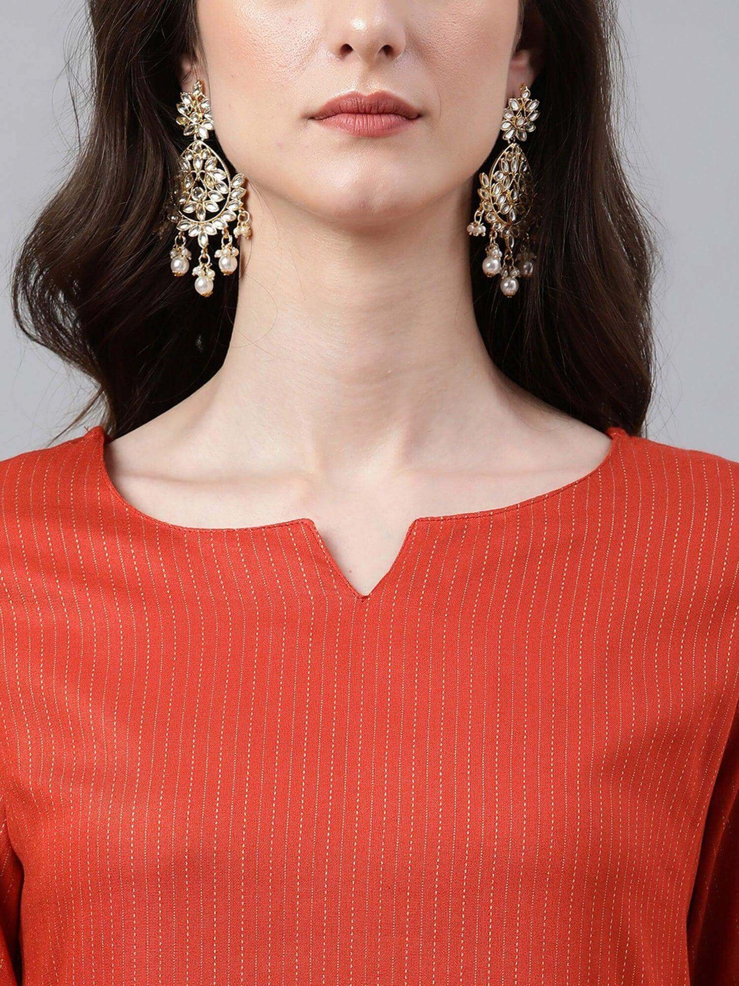 Orange Rayon Striped Kurta with Pant and Dupatta
