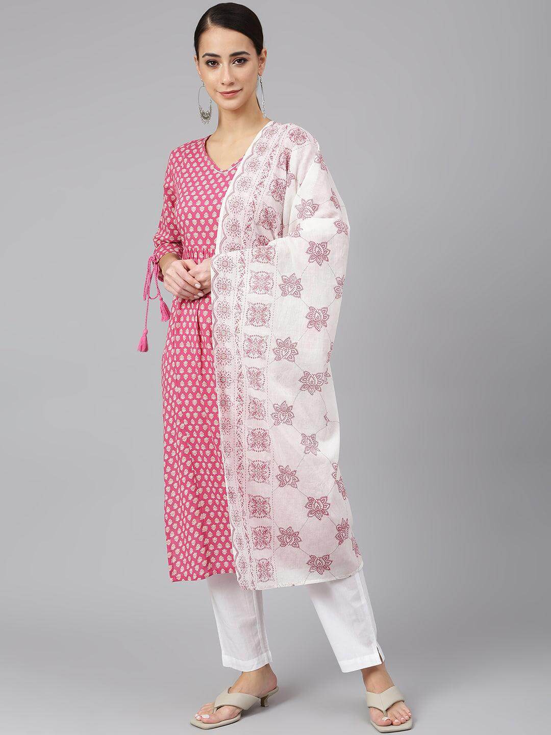 Pink Cotton Block Print Kurta with Pant and Dupatta