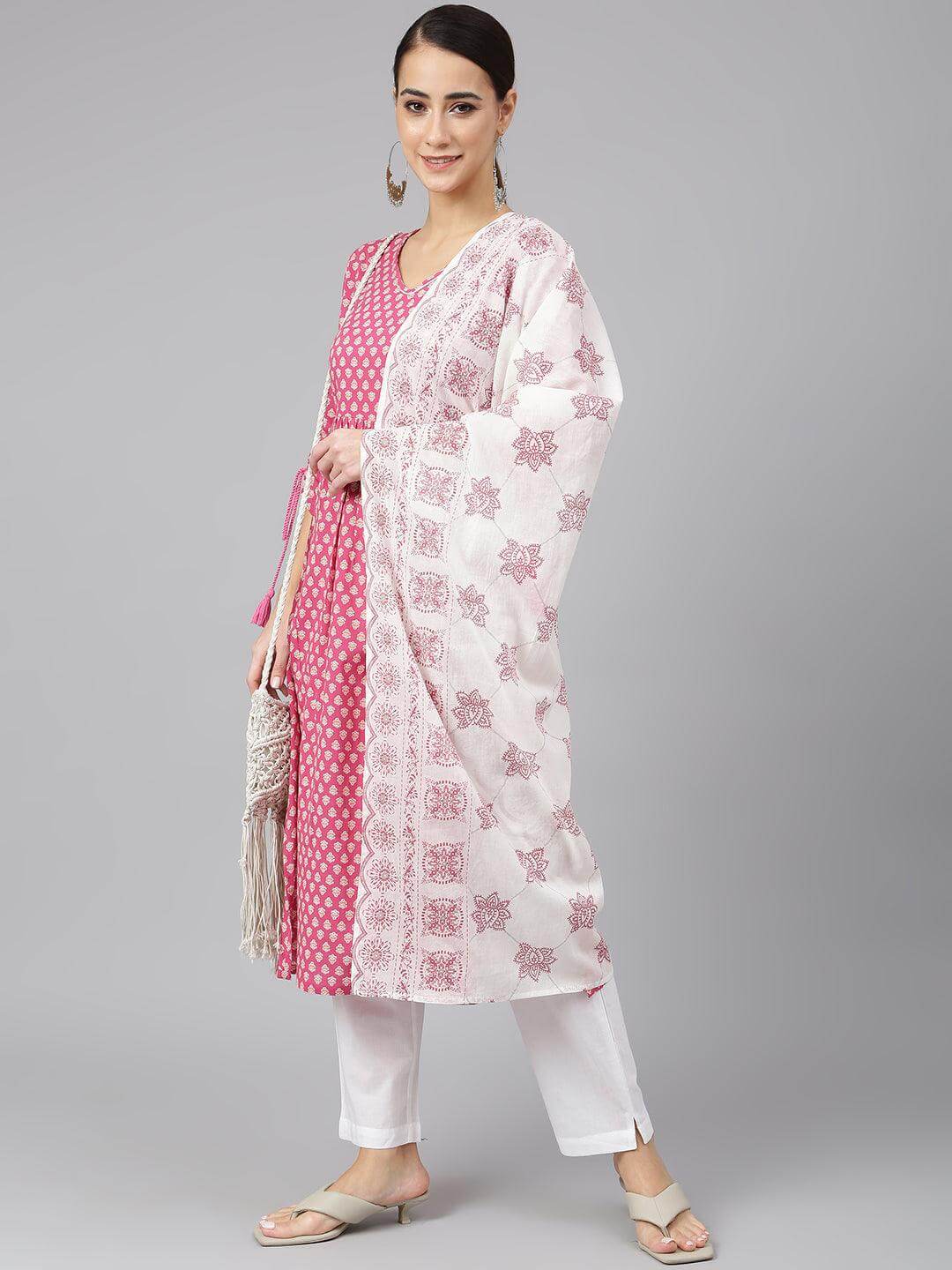 Pink Cotton Block Print Kurta with Pant and Dupatta