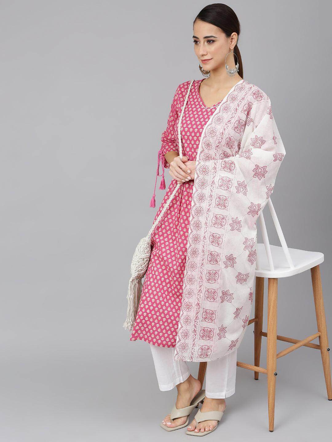 Pink Cotton Block Print Kurta with Pant and Dupatta