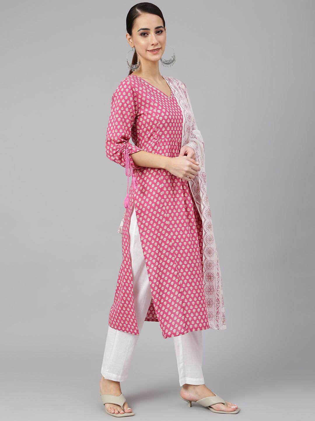 Pink Cotton Block Print Kurta with Pant and Dupatta