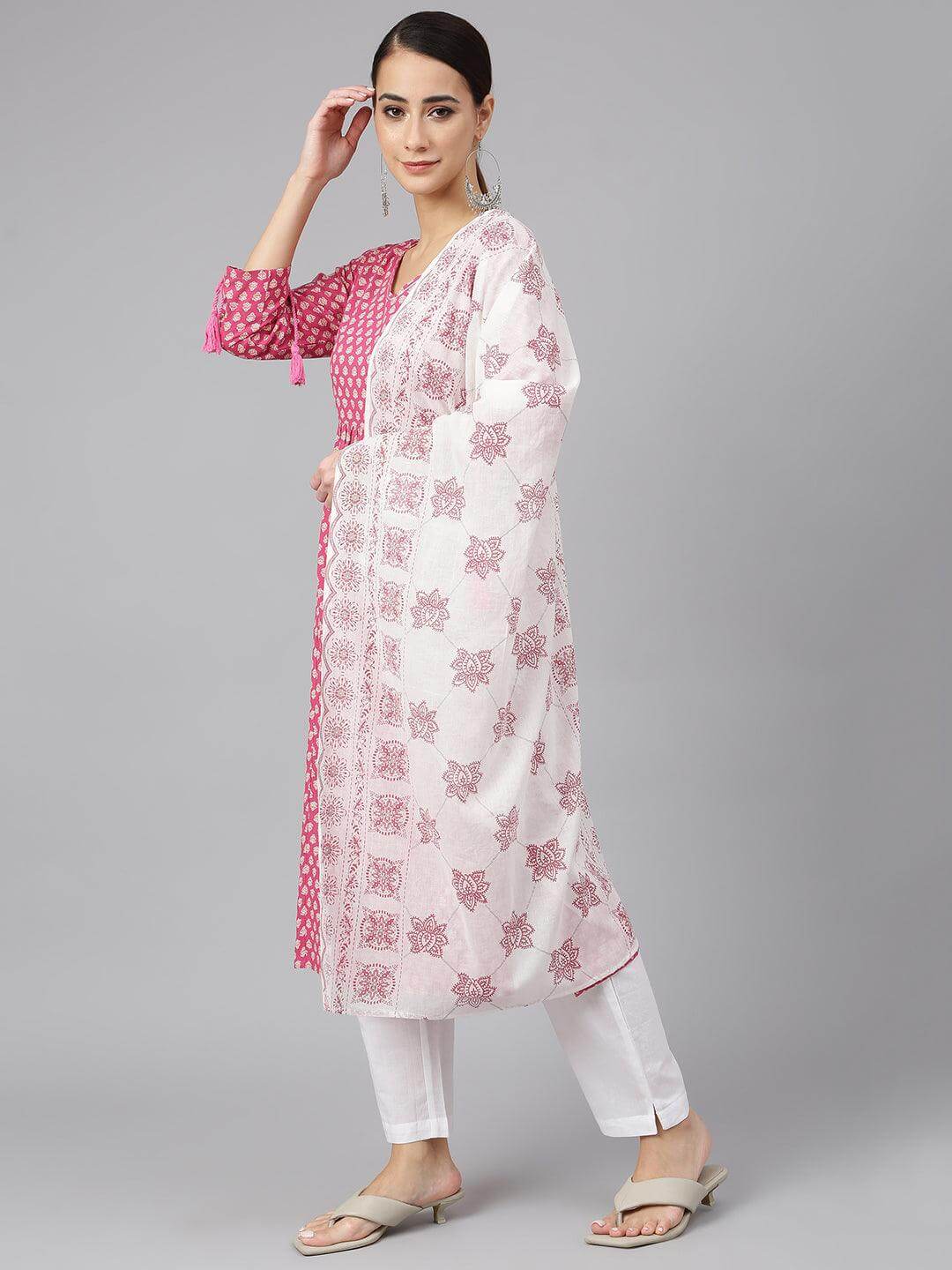 Pink Cotton Block Print Kurta with Pant and Dupatta