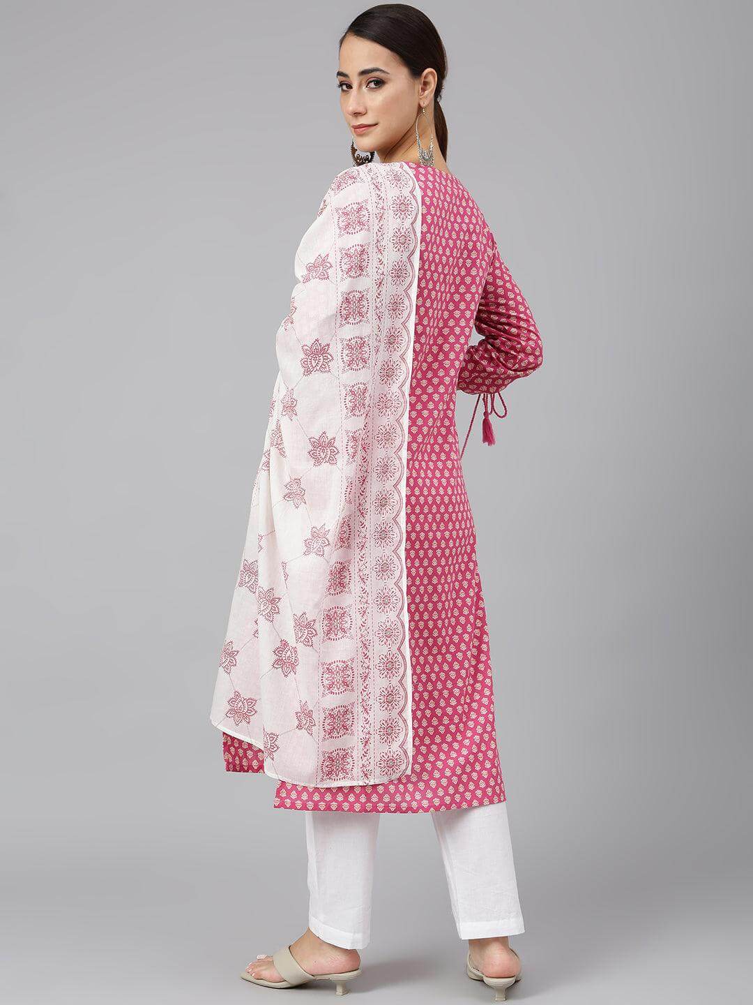 Pink Cotton Block Print Kurta with Pant and Dupatta