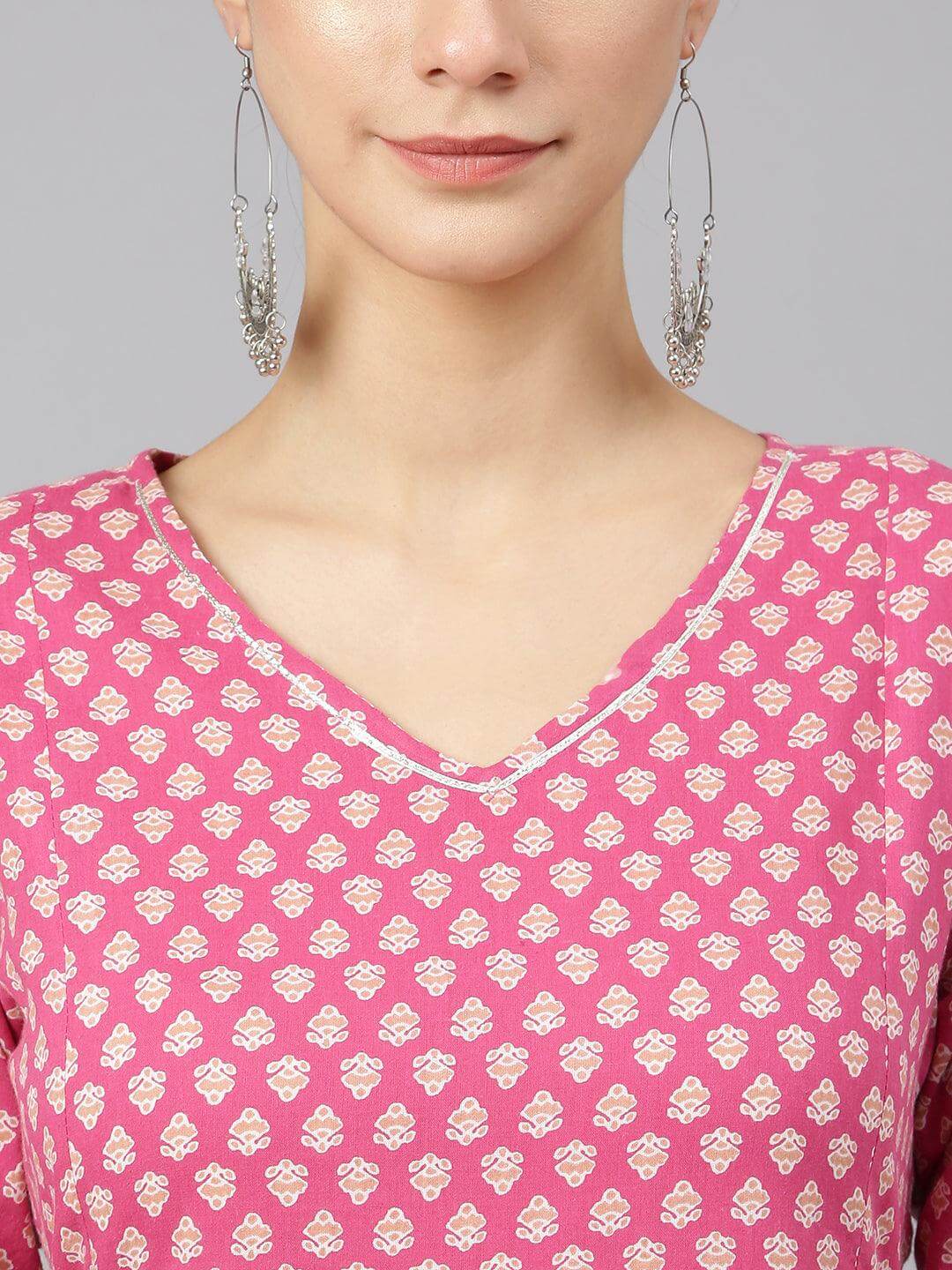 Pink Cotton Block Print Kurta with Pant and Dupatta