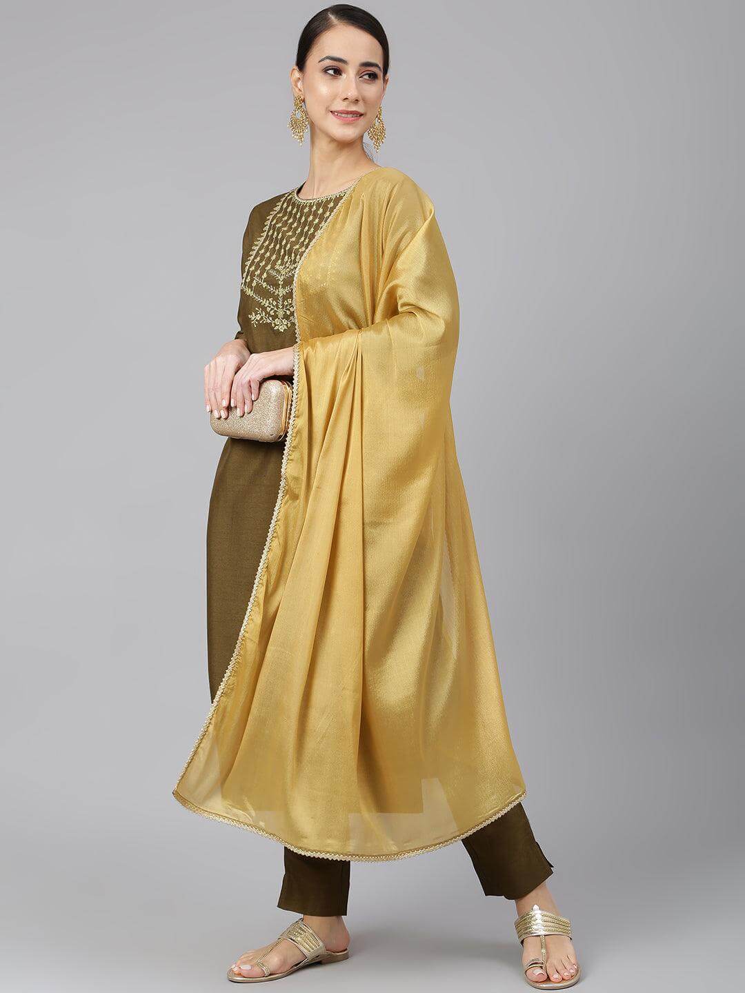 Olive Poly Silk Solid Kurta with Pant and Dupatta