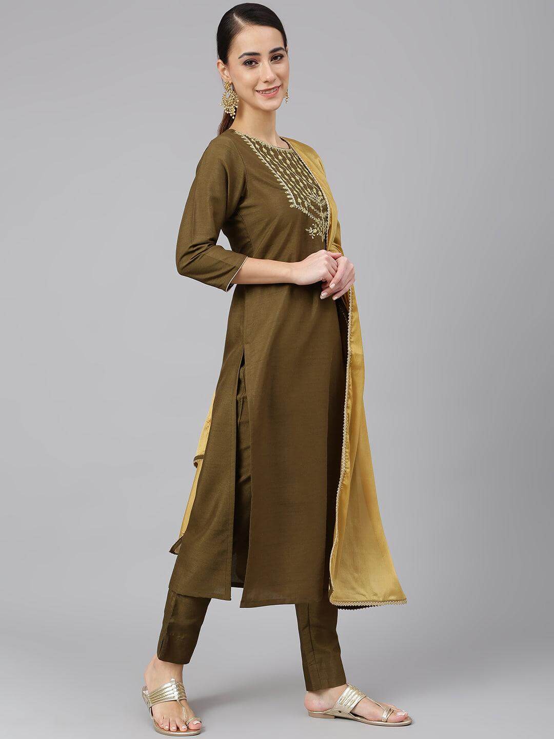 Olive Poly Silk Solid Kurta with Pant and Dupatta