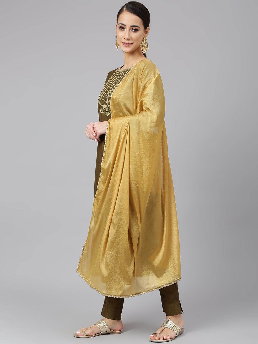 Olive Poly Silk Solid Kurta with Pant and Dupatta