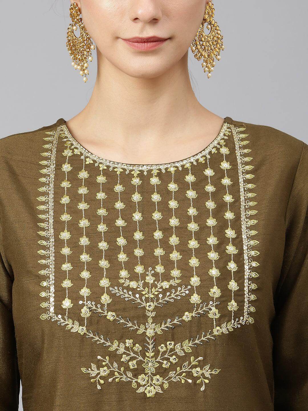 Olive Poly Silk Solid Kurta with Pant and Dupatta