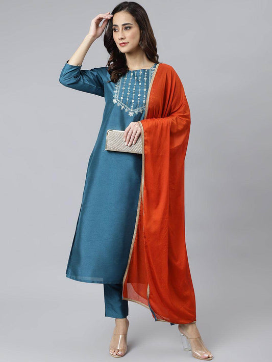 Teal Poly Silk Solid Kurta with Pant and Dupatta