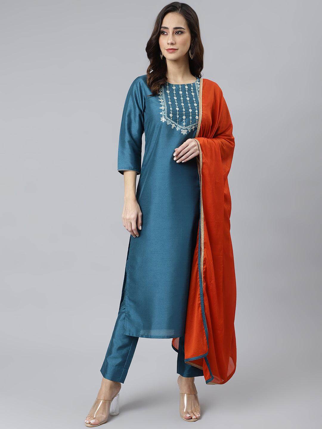 Teal Poly Silk Solid Kurta with Pant and Dupatta