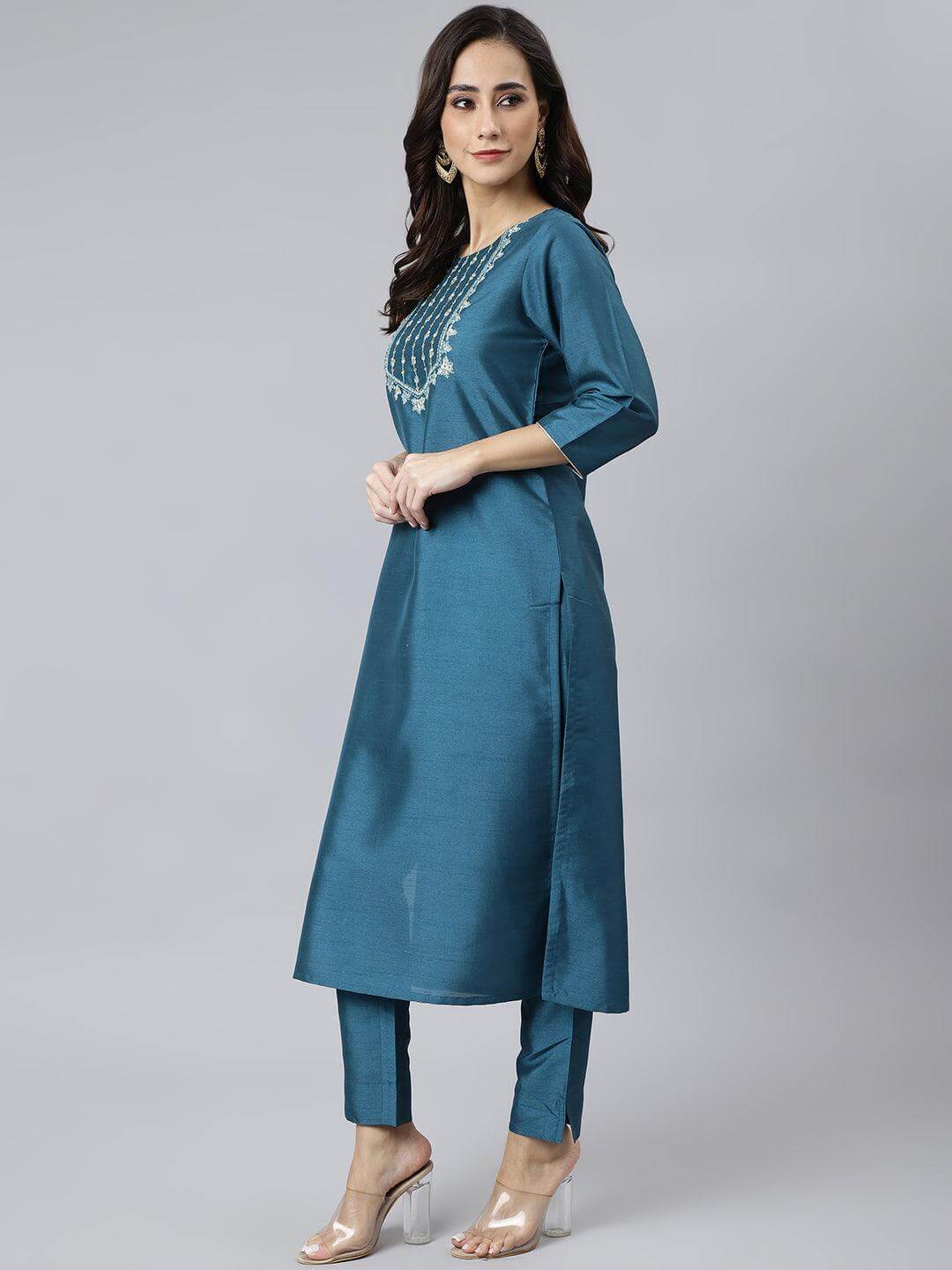 Teal Poly Silk Solid Kurta with Pant and Dupatta