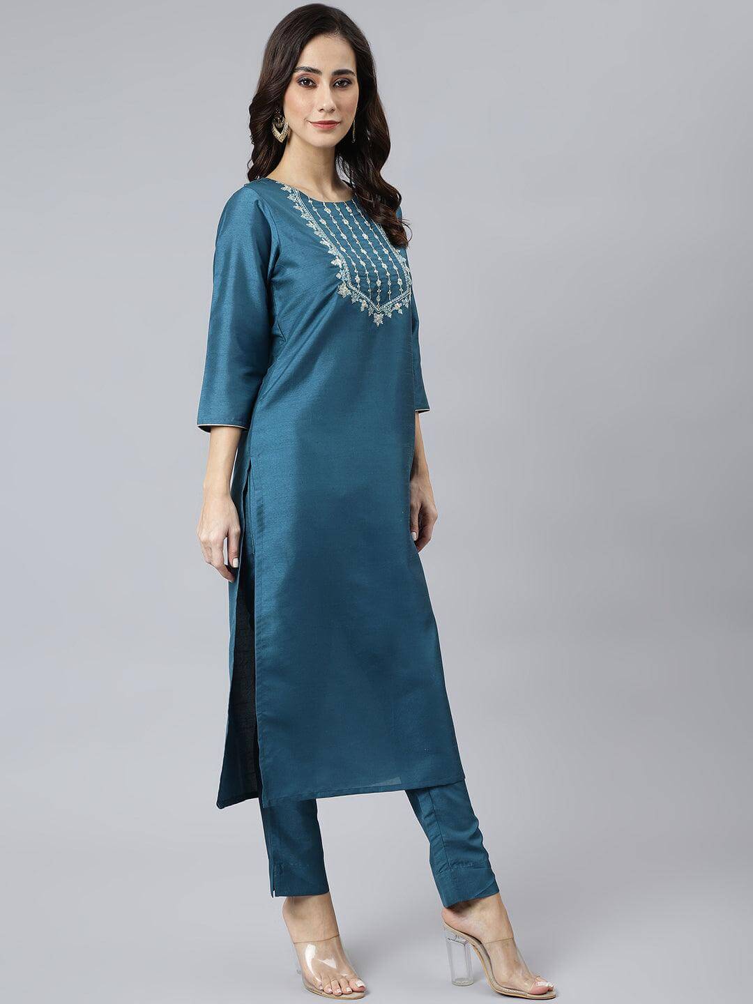 Teal Poly Silk Solid Kurta with Pant and Dupatta
