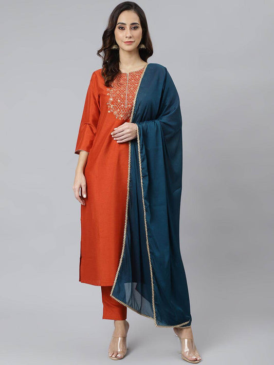 Rust Orange Poly Silk Solid Kurta with Pant and Dupatta