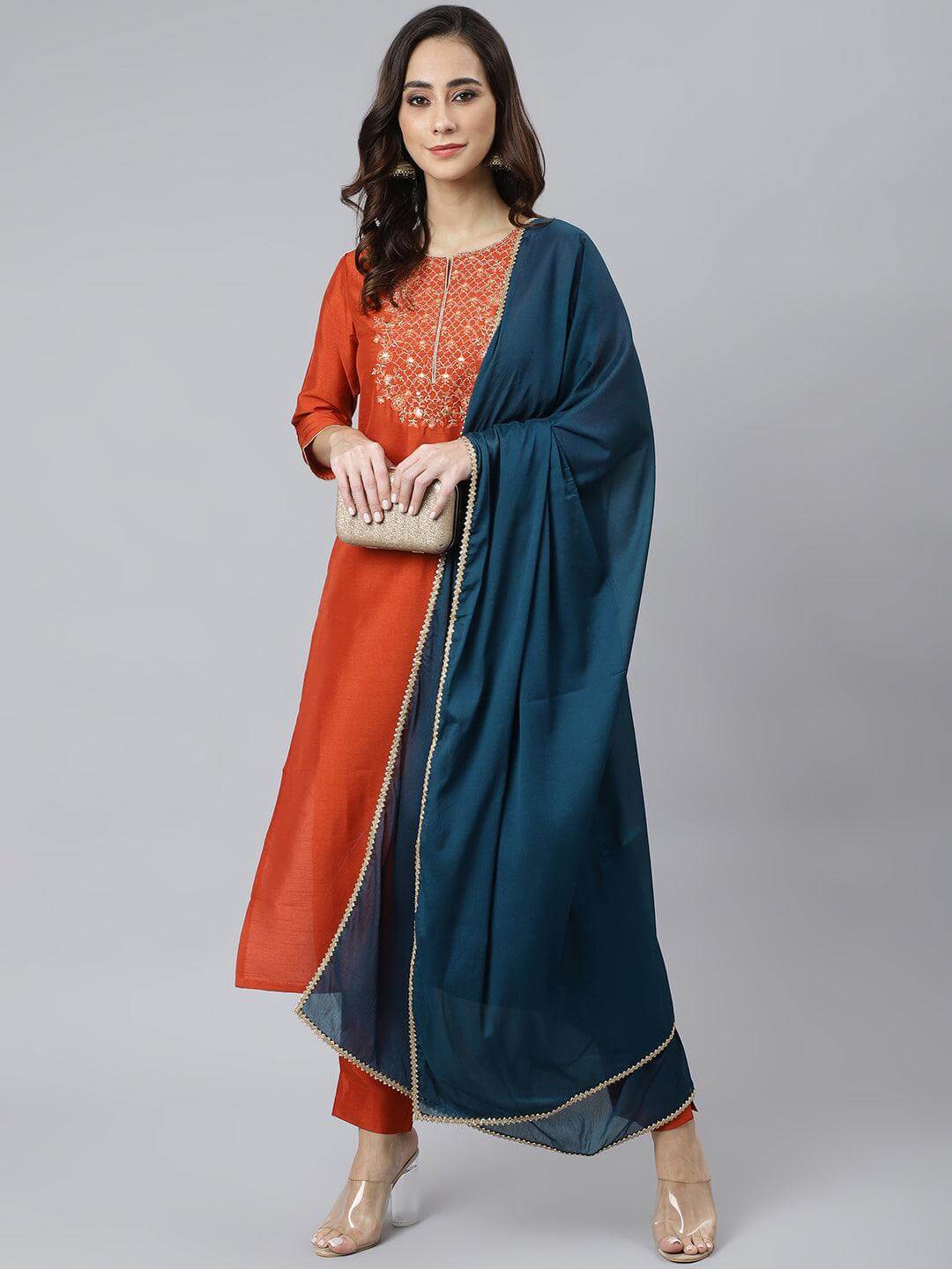 Rust Orange Poly Silk Solid Kurta with Pant and Dupatta
