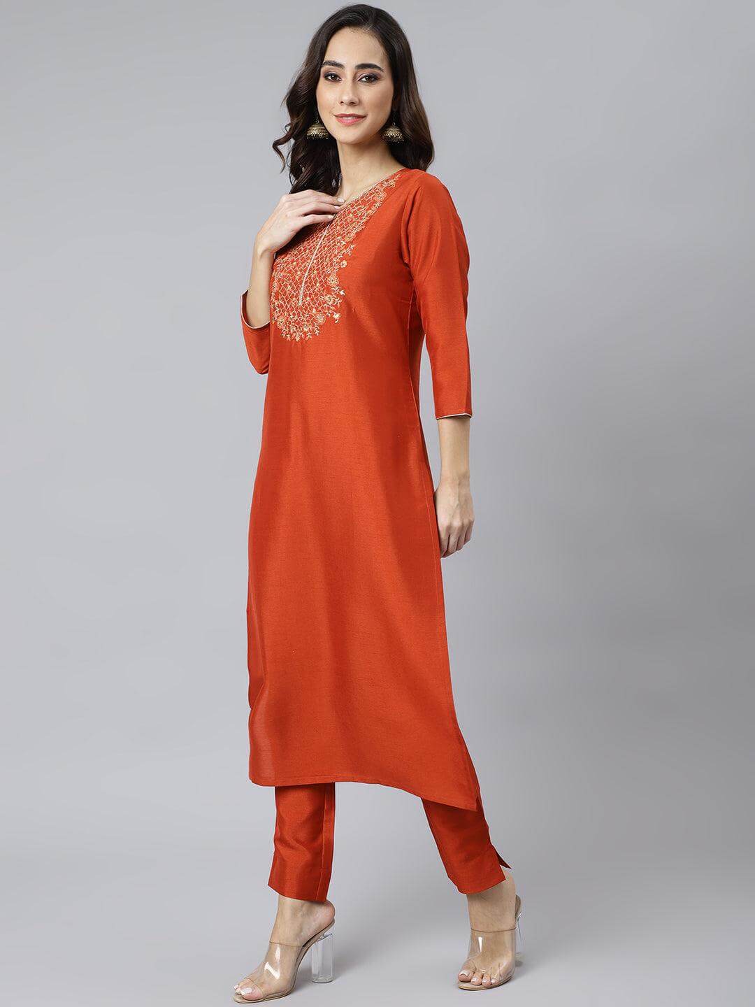 Rust Orange Poly Silk Solid Kurta with Pant and Dupatta