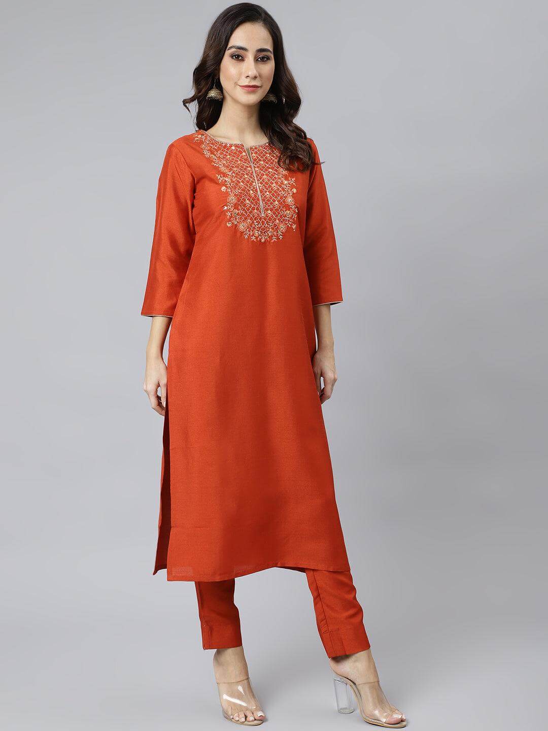 Rust Orange Poly Silk Solid Kurta with Pant and Dupatta