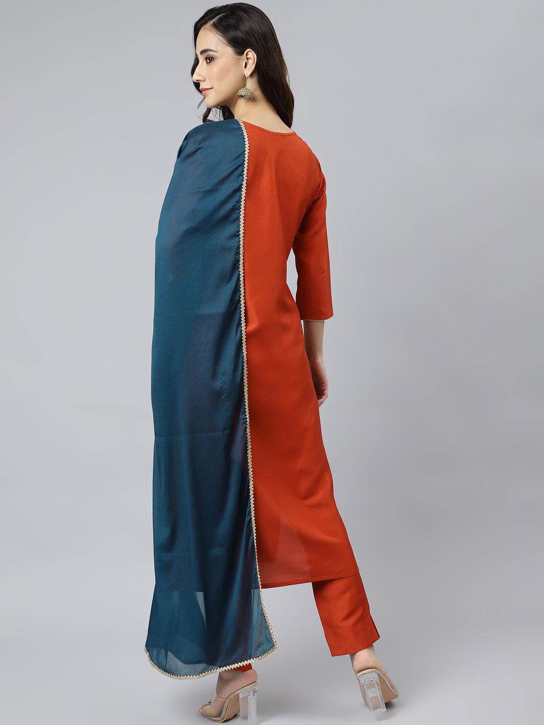 Rust Orange Poly Silk Solid Kurta with Pant and Dupatta