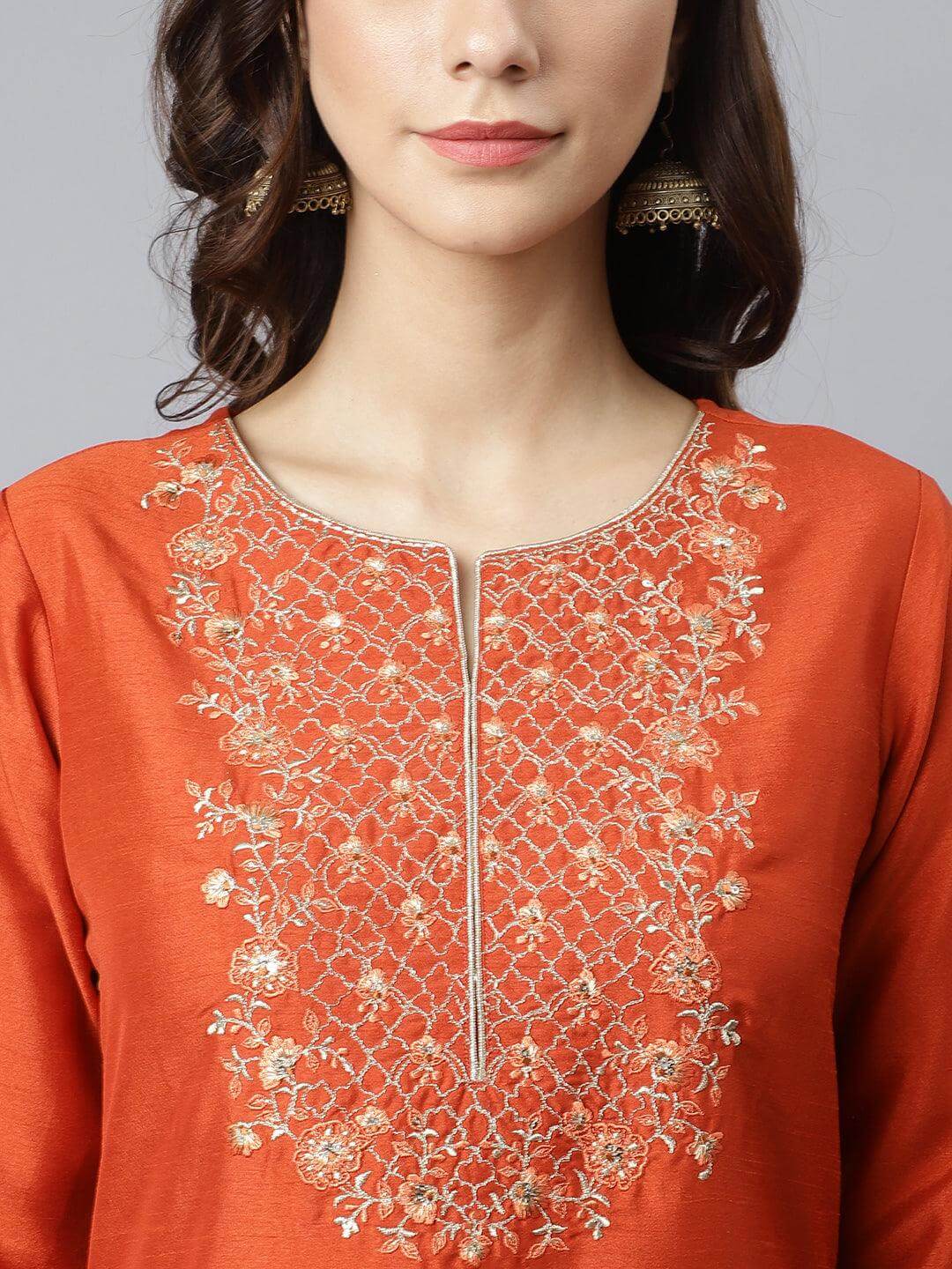 Rust Orange Poly Silk Solid Kurta with Pant and Dupatta