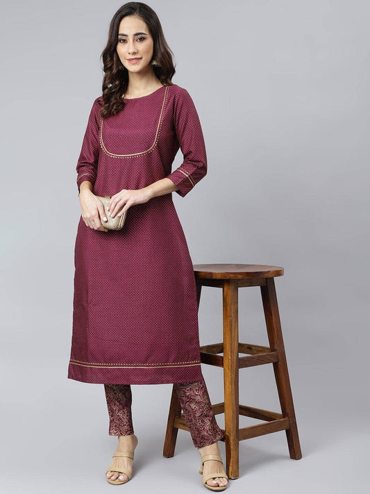 Wine Poly Silk Foil Print Kurta with Pant