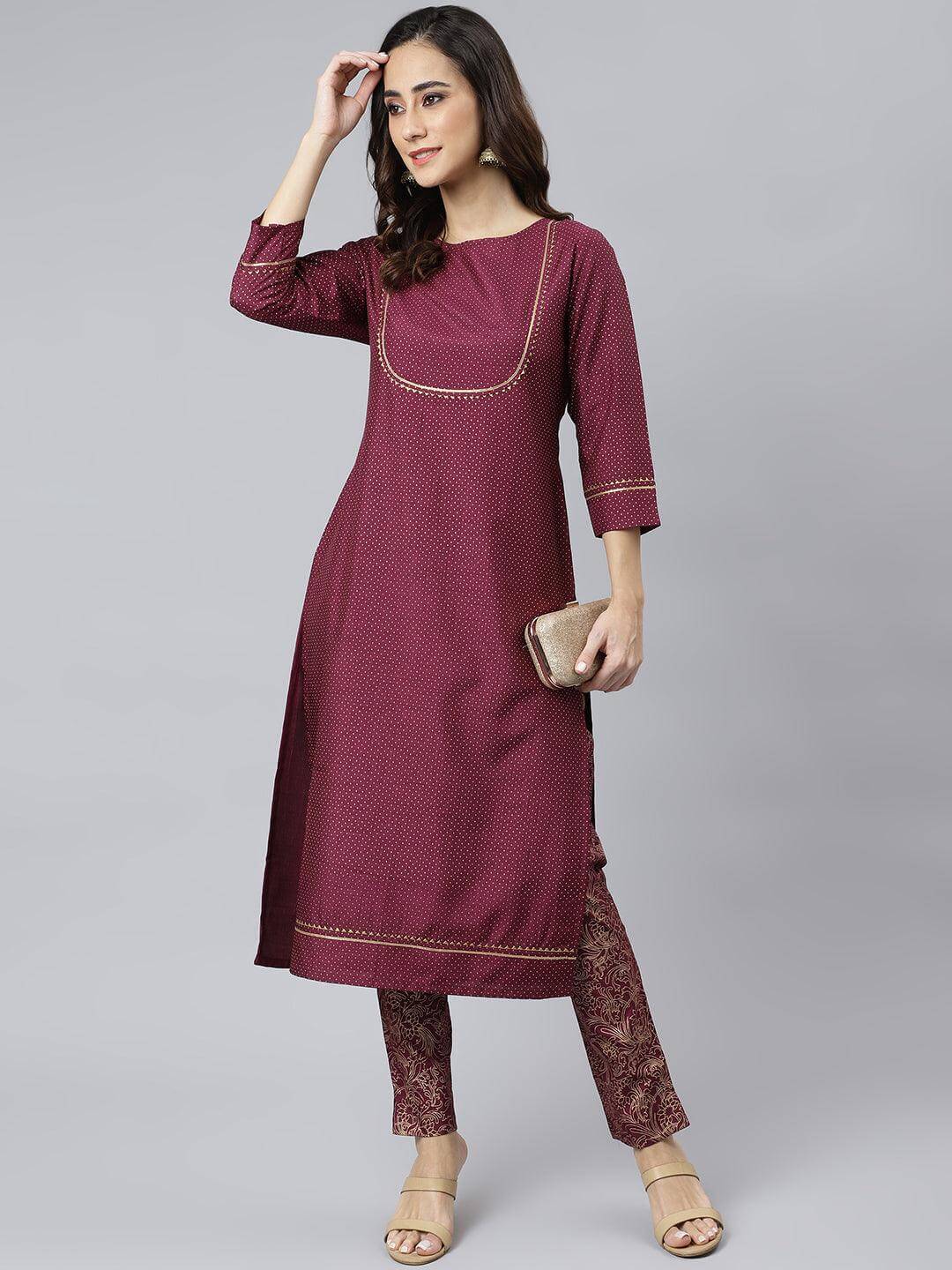 Wine Poly Silk Foil Print Kurta with Pant