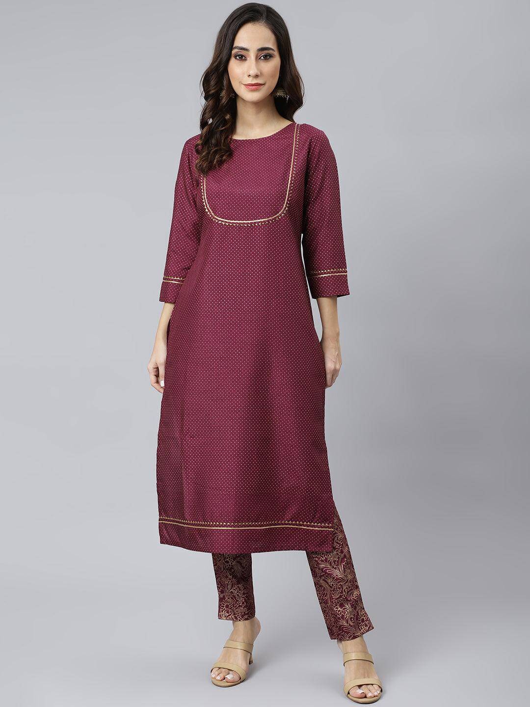 Wine Poly Silk Foil Print Kurta with Pant