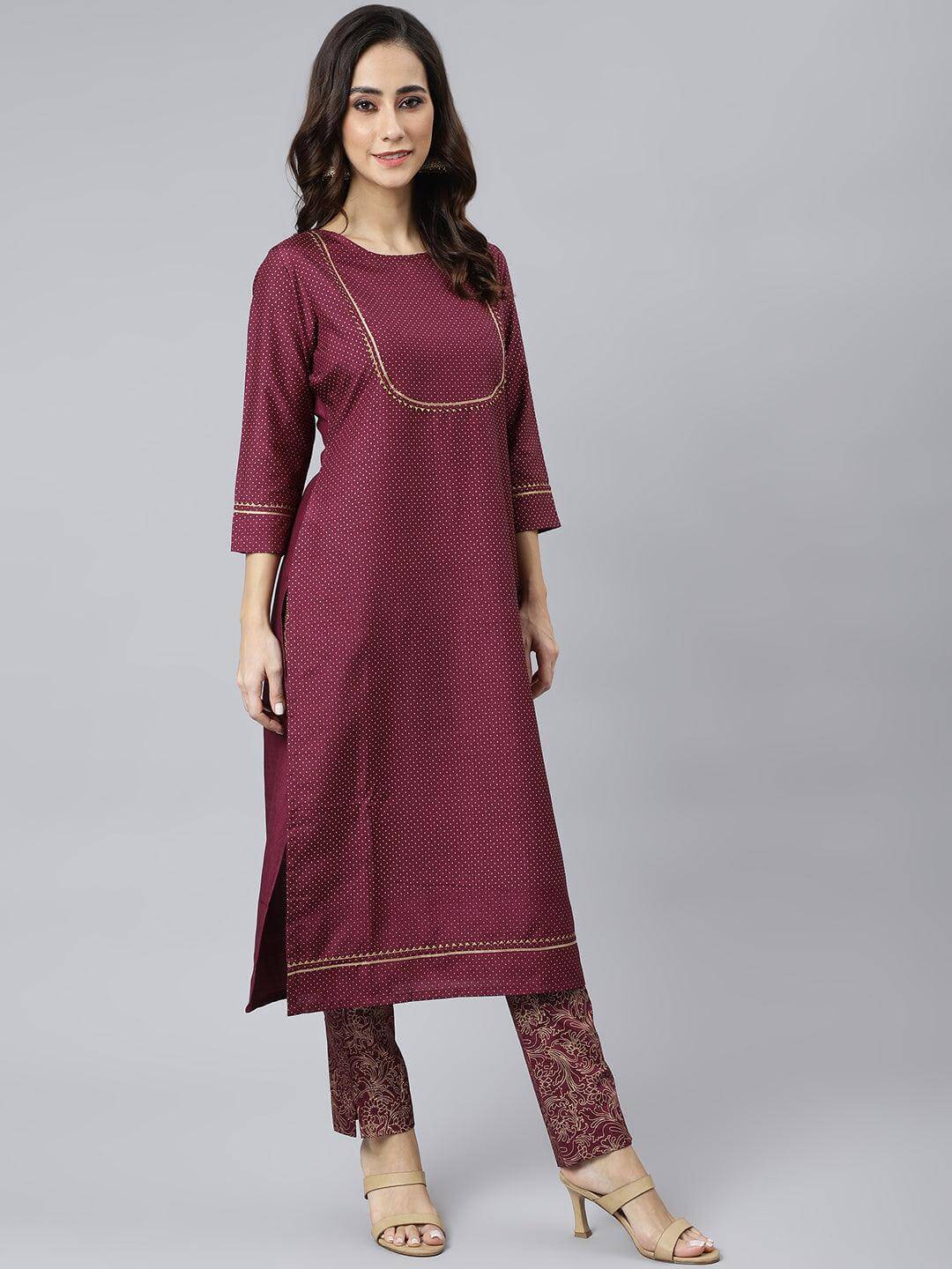 Wine Poly Silk Foil Print Kurta with Pant