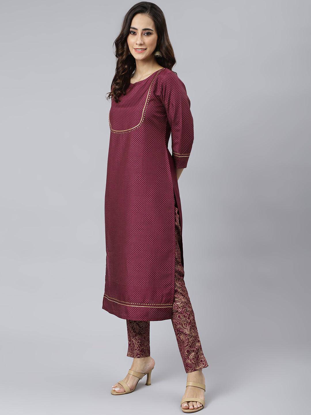 Wine Poly Silk Foil Print Kurta with Pant