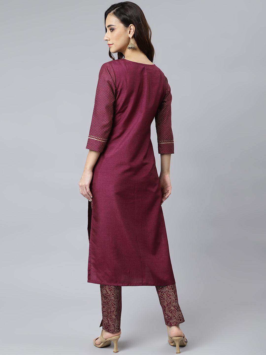Wine Poly Silk Foil Print Kurta with Pant