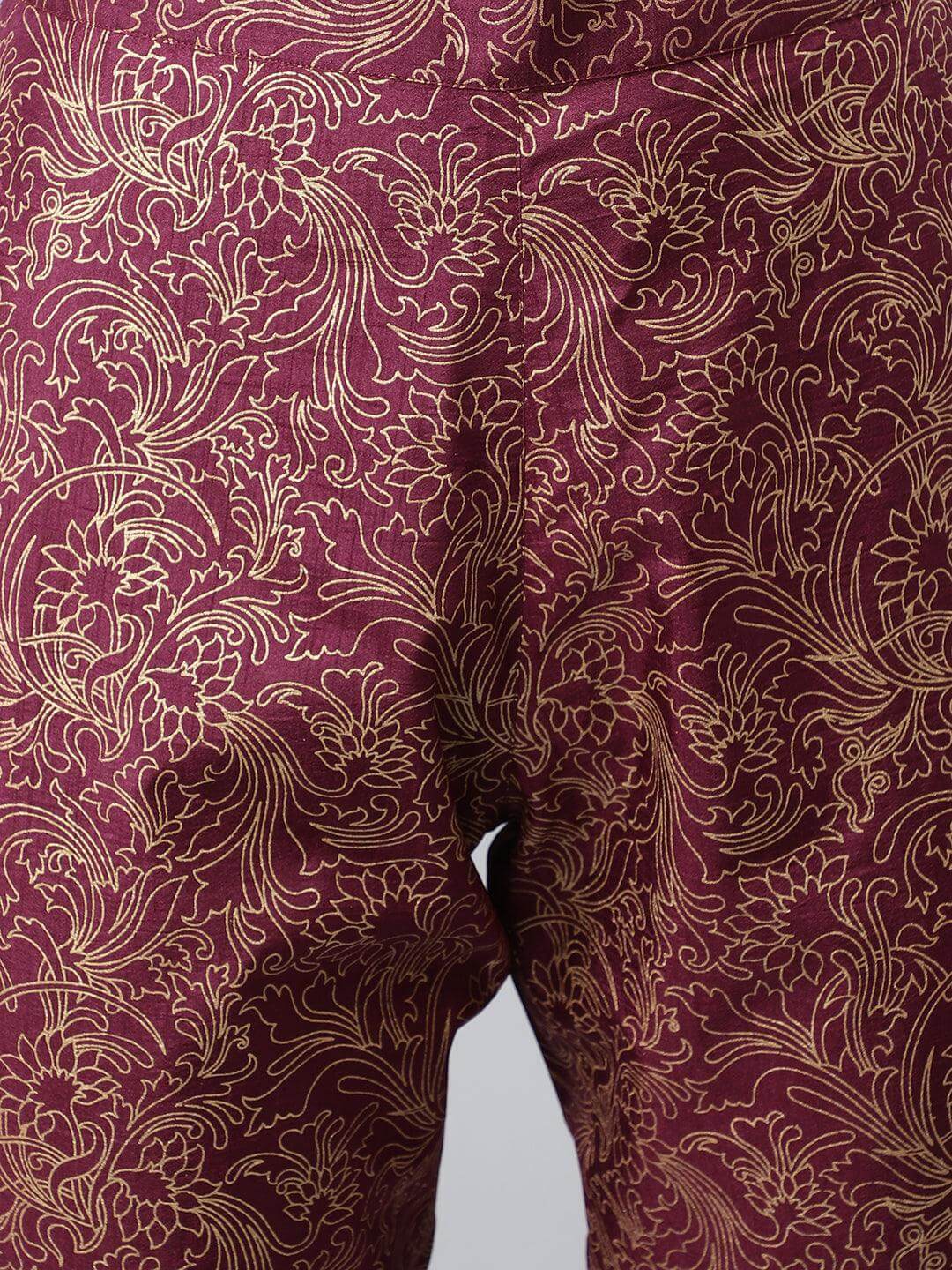 Wine Poly Silk Foil Print Kurta with Pant
