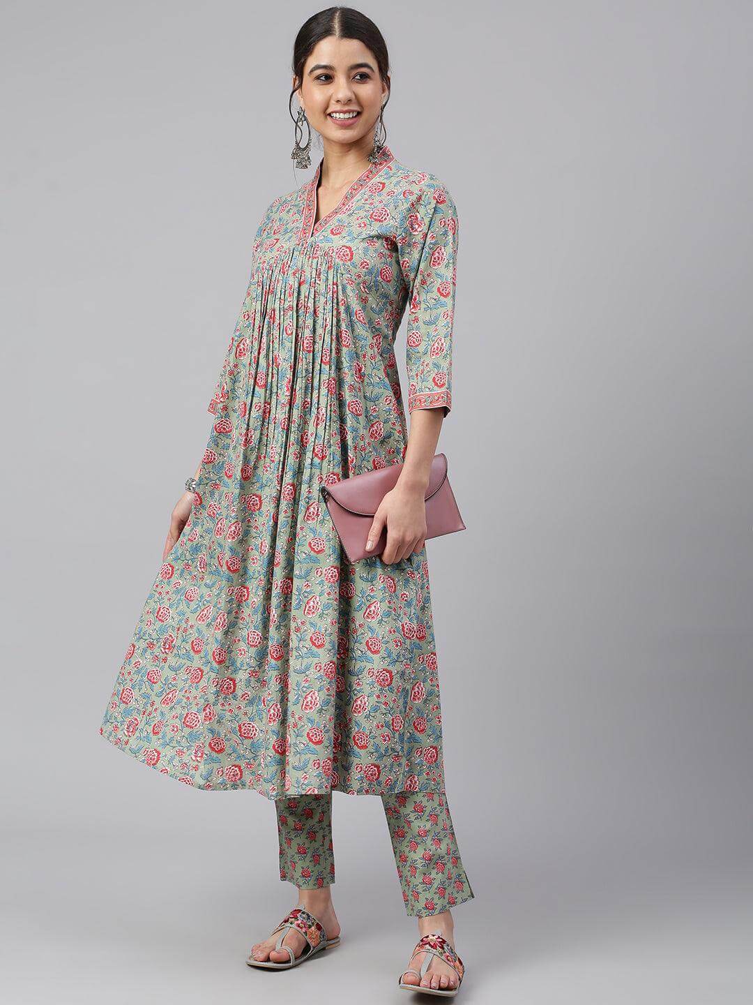 Sea Green Cotton Floral Print Kurta with Pant