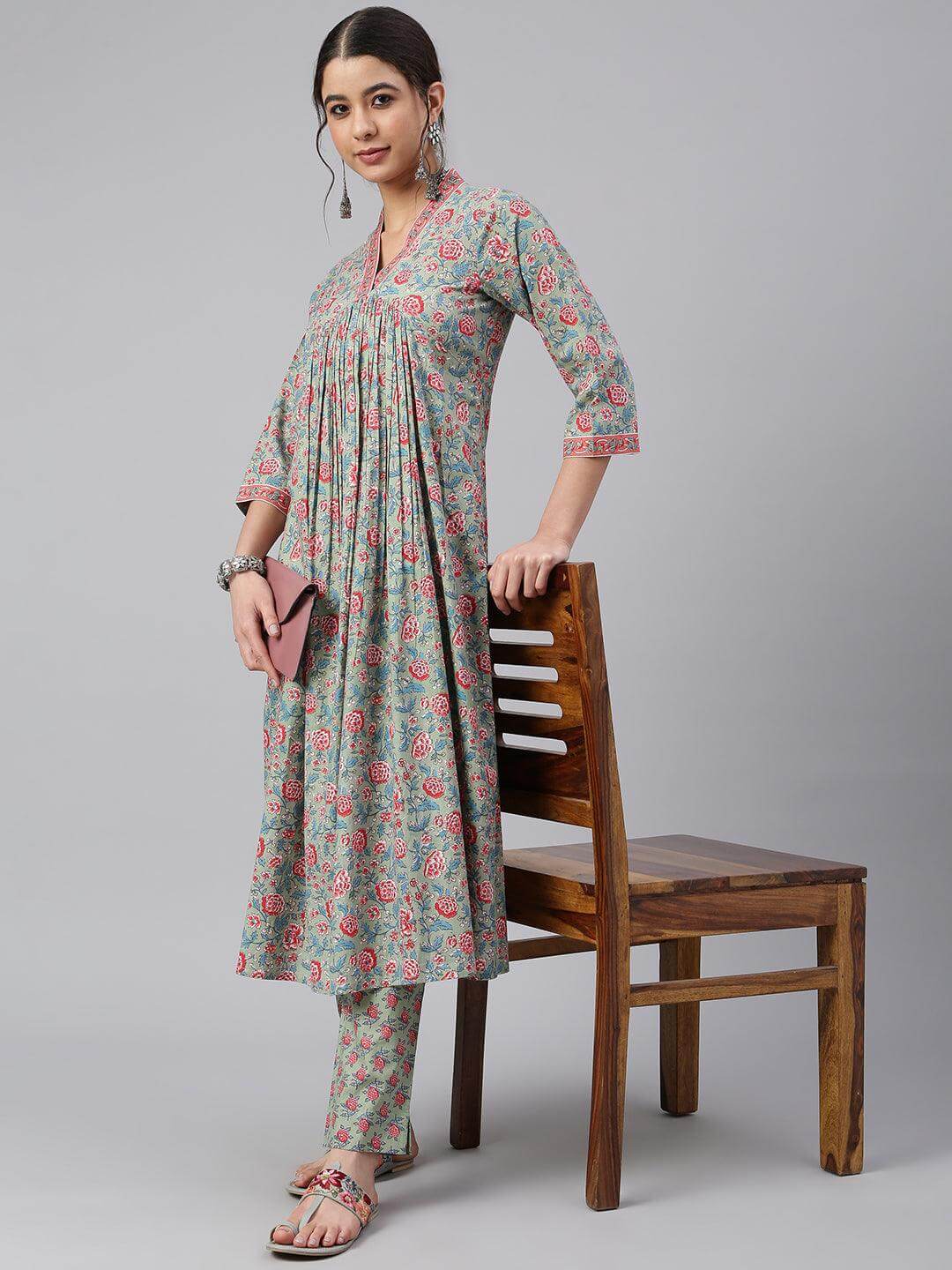 Sea Green Cotton Floral Print Kurta with Pant