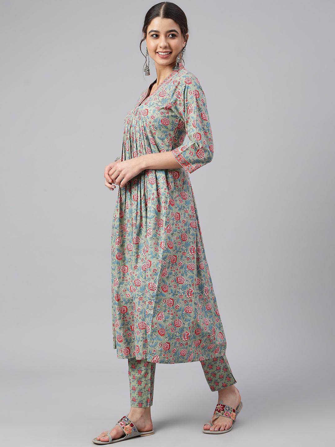 Sea Green Cotton Floral Print Kurta with Pant