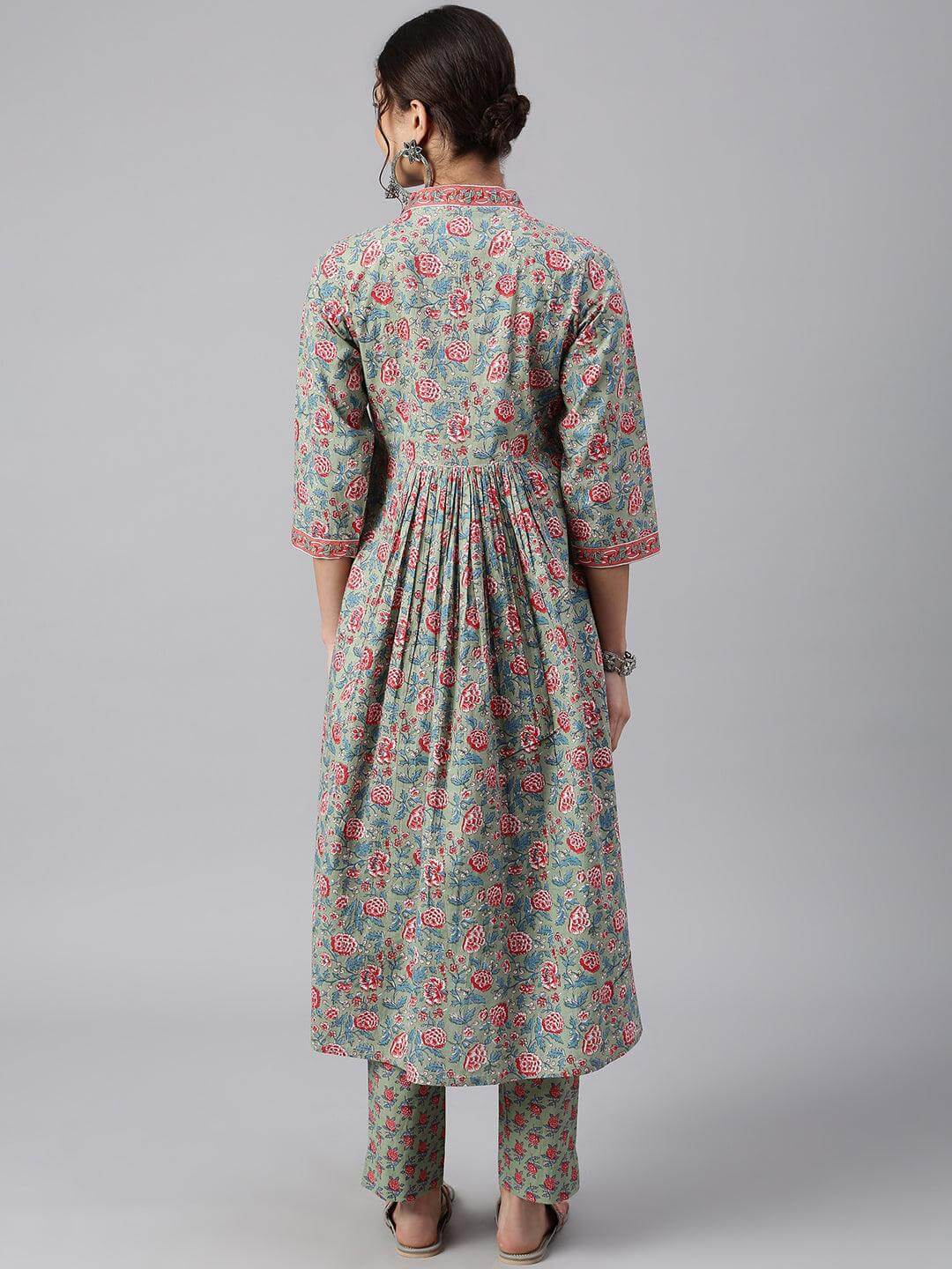 Sea Green Cotton Floral Print Kurta with Pant