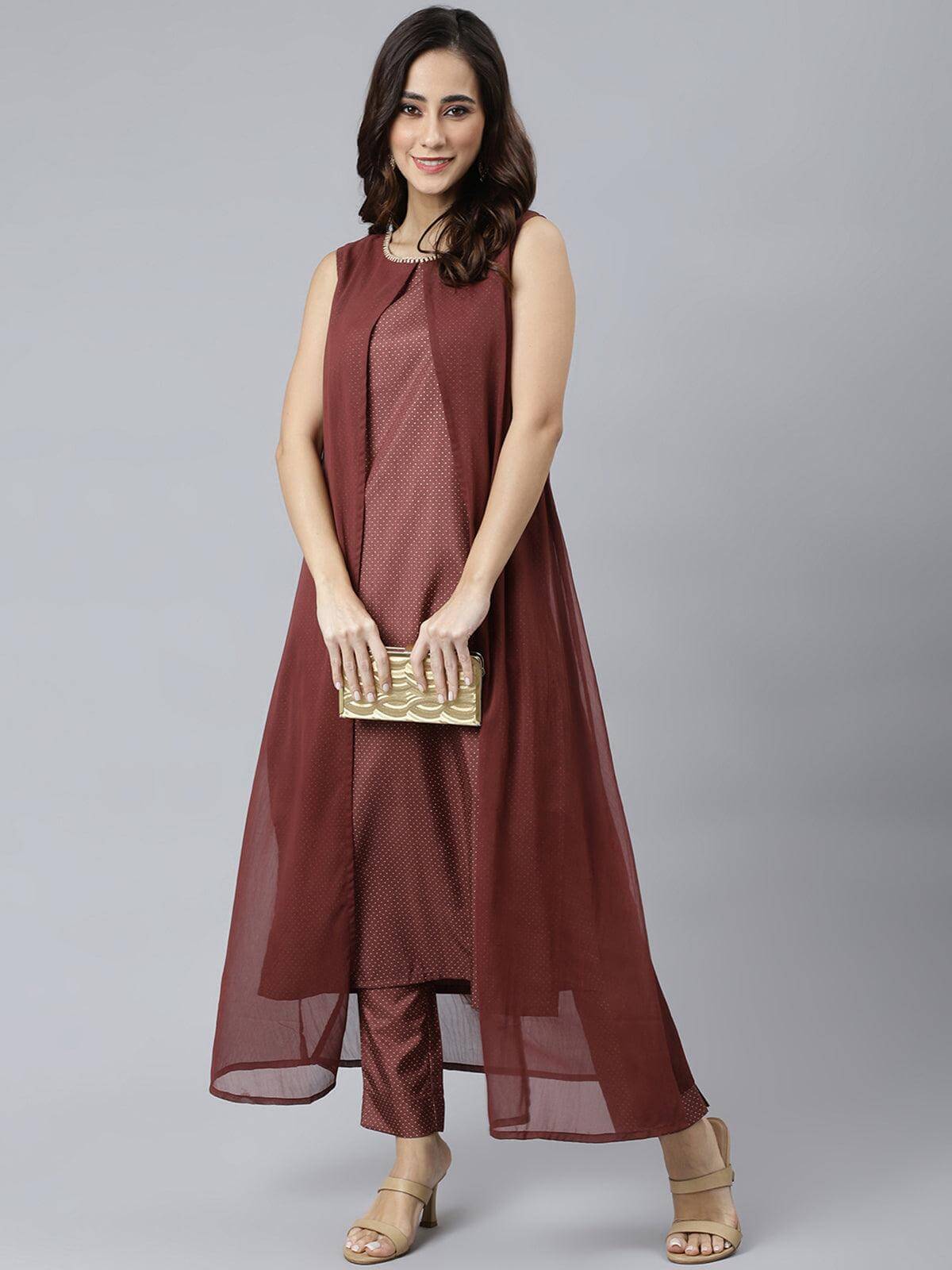 Brown Poly Silk Foil Print Kurta with Pant