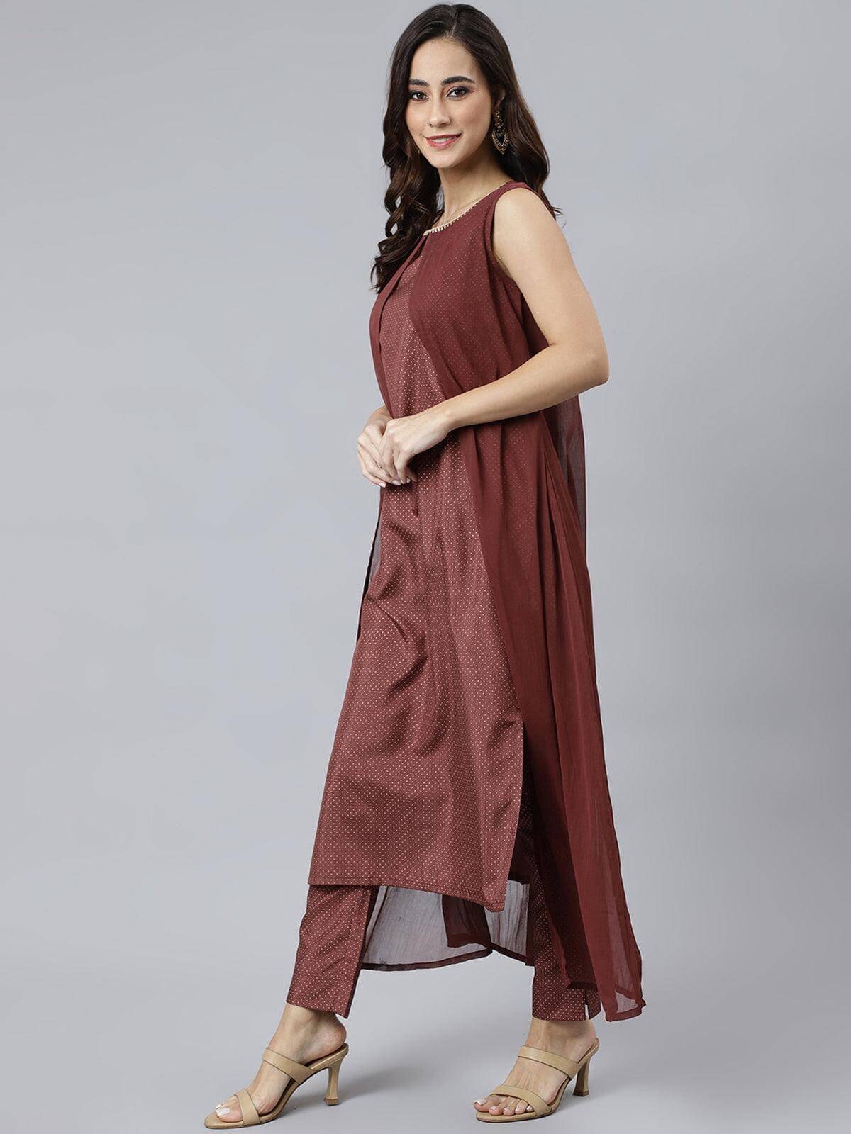 Brown Poly Silk Foil Print Kurta with Pant