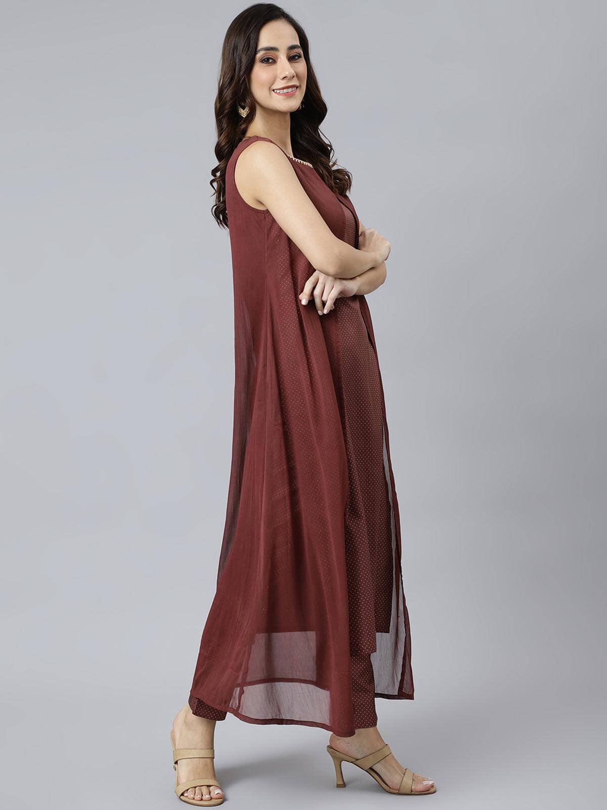 Brown Poly Silk Foil Print Kurta with Pant