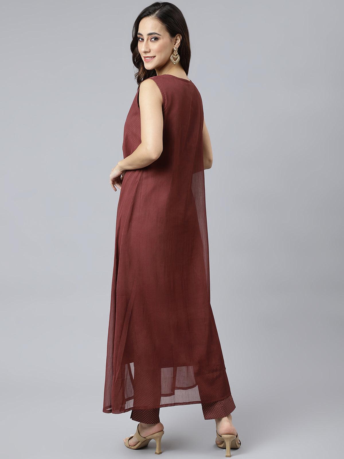 Brown Poly Silk Foil Print Kurta with Pant