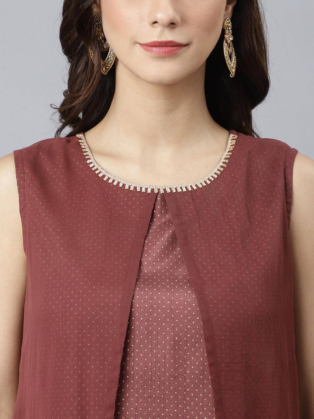 Brown Poly Silk Foil Print Kurta with Pant