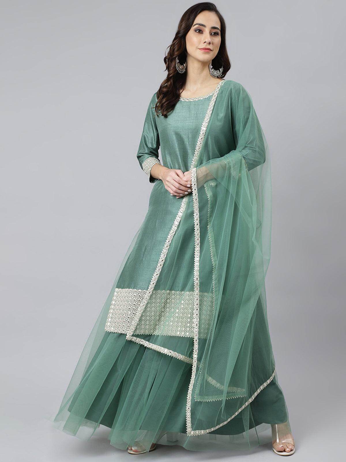 Mint Green Chinon Solid Kurta with Skirt and Dupatta