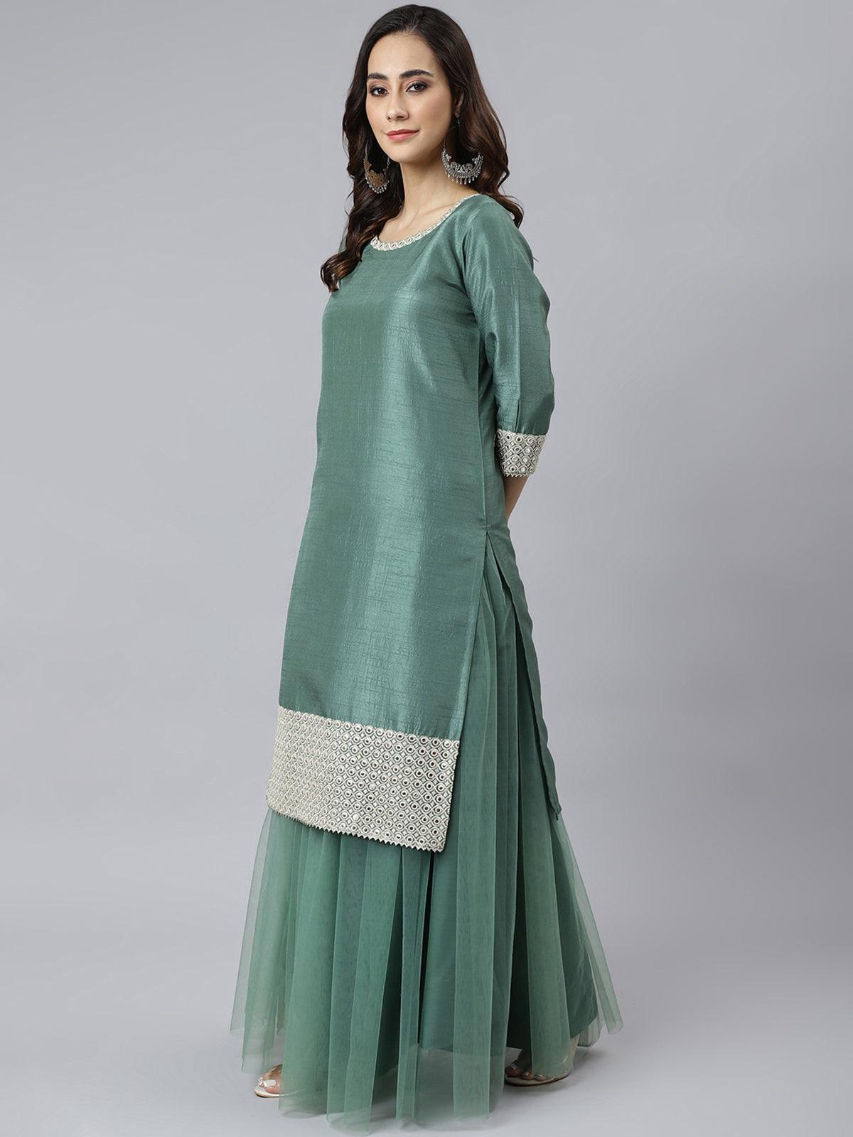 Mint Green Chinon Solid Kurta with Skirt and Dupatta