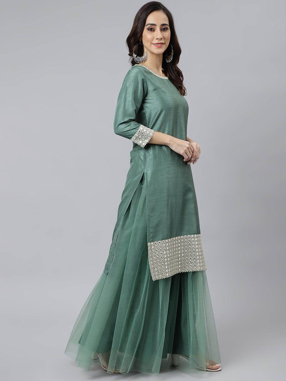 Mint Green Chinon Solid Kurta with Skirt and Dupatta