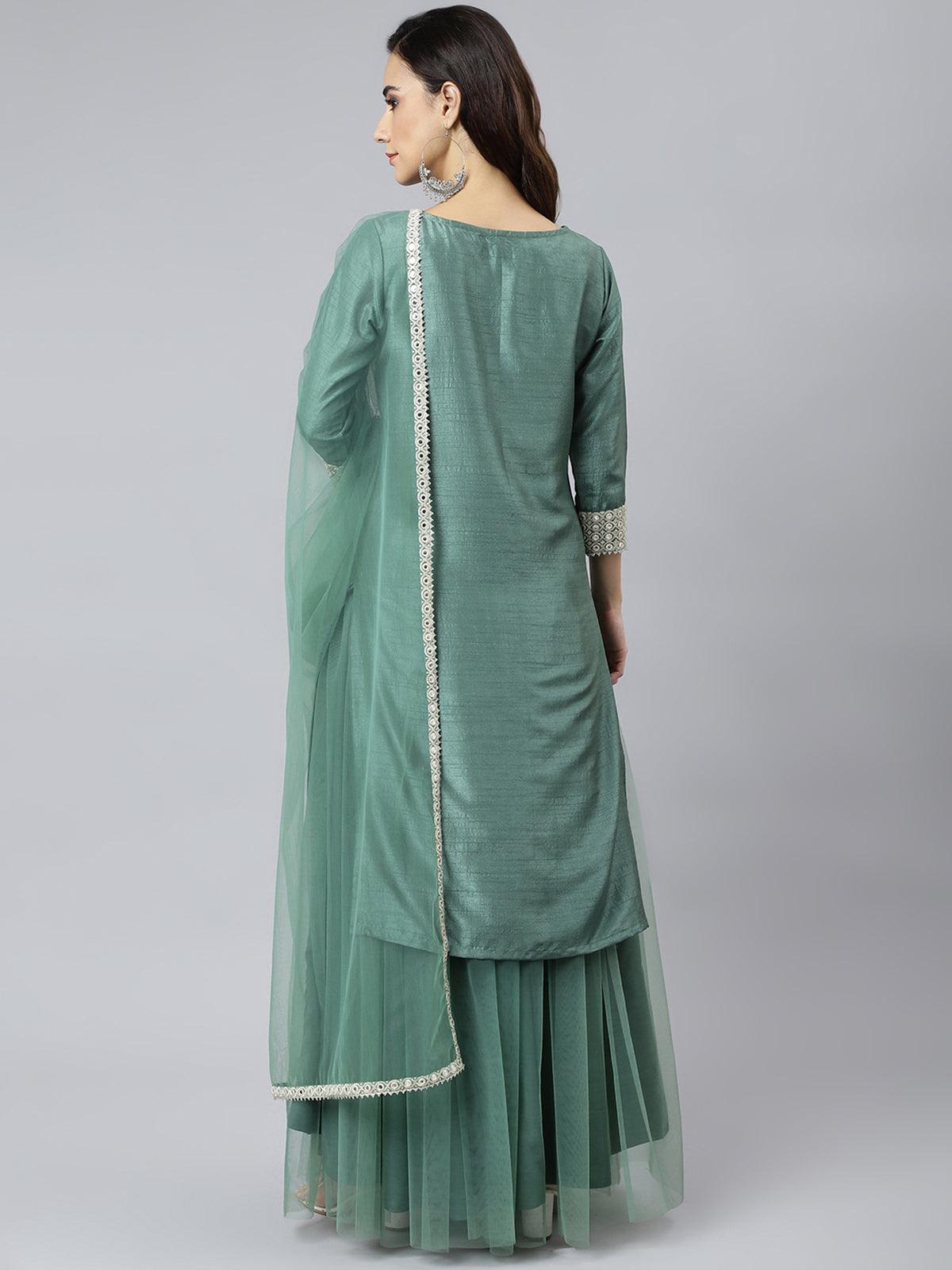 Mint Green Chinon Solid Kurta with Skirt and Dupatta