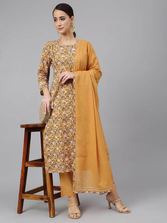 Light Brown Cotton Floral Print Kurta with Pant and Dupatta