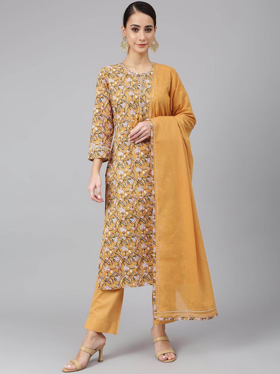 Light Brown Cotton Floral Print Kurta with Pant and Dupatta
