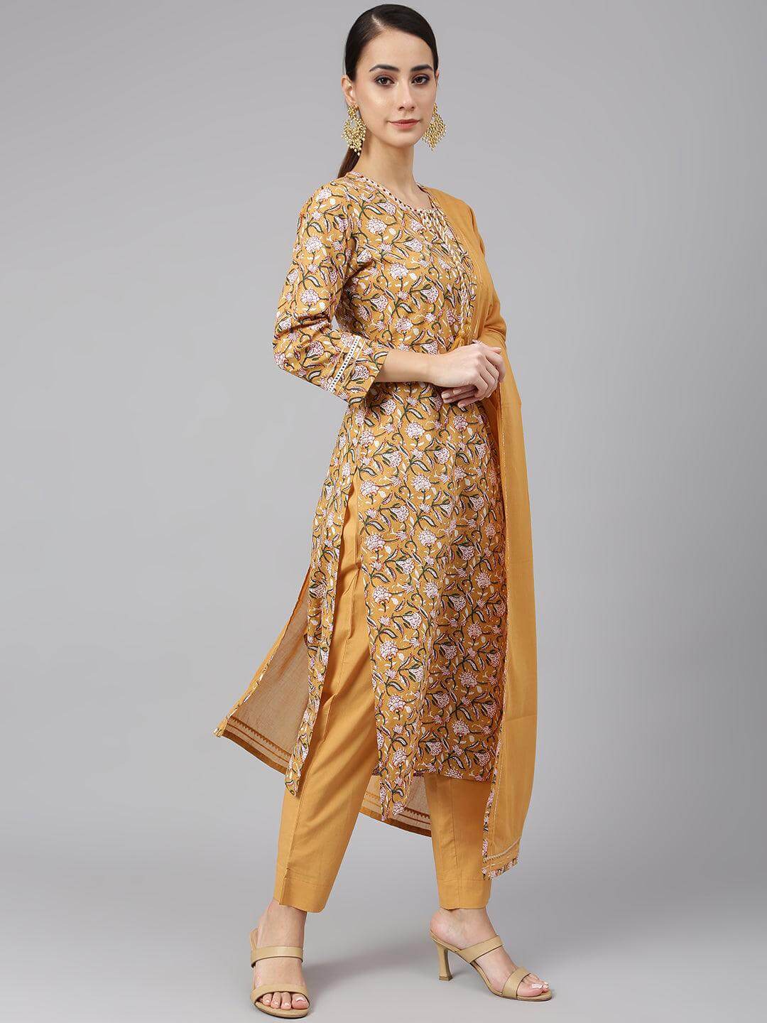 Light Brown Cotton Floral Print Kurta with Pant and Dupatta