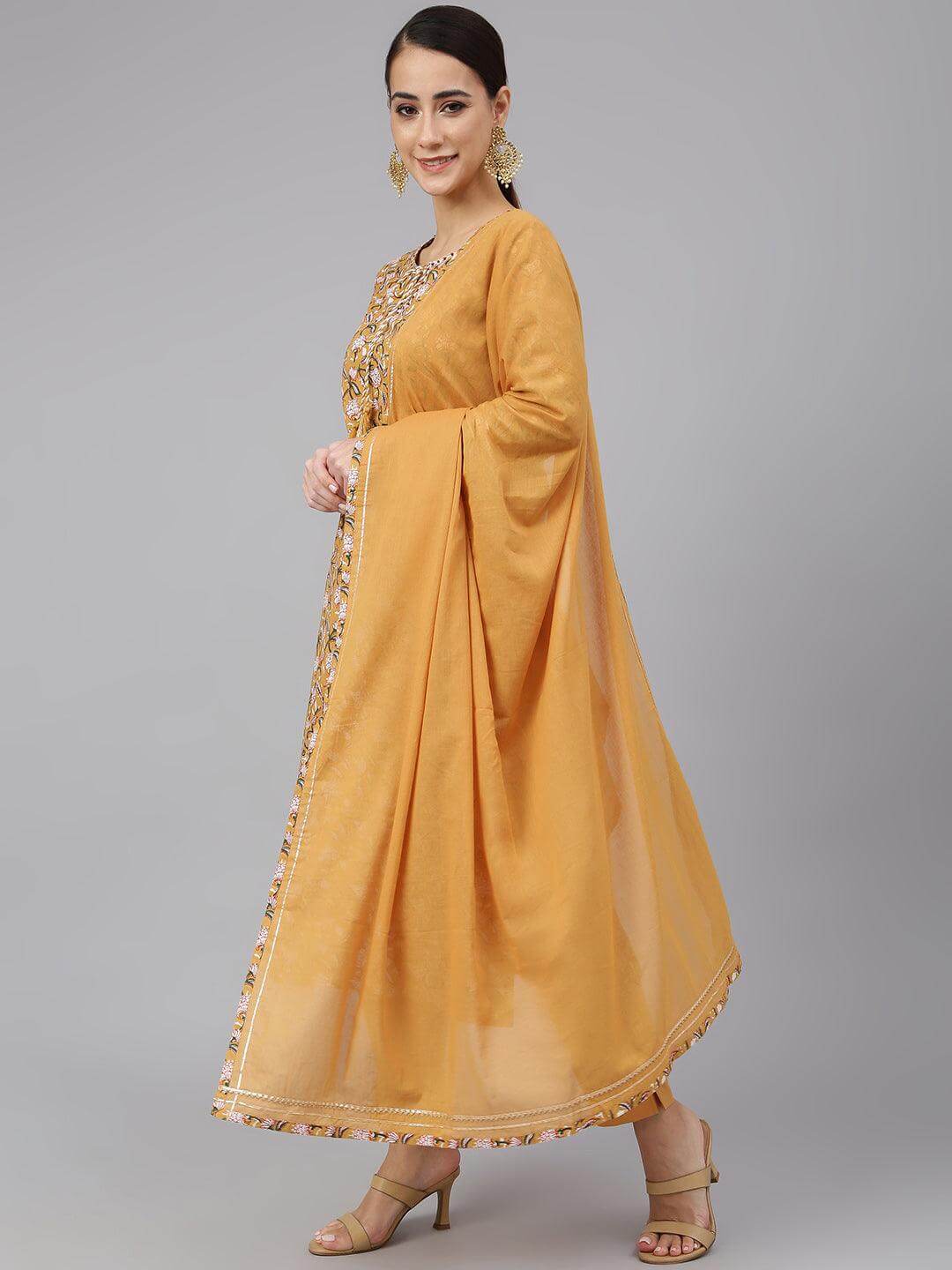 Light Brown Cotton Floral Print Kurta with Pant and Dupatta