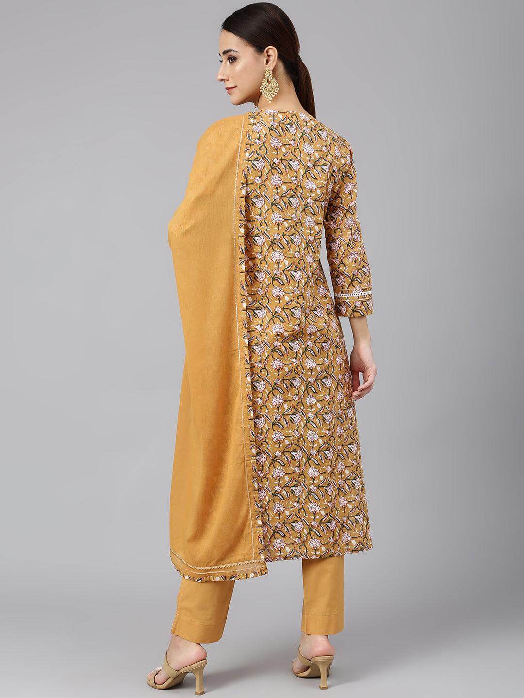 Light Brown Cotton Floral Print Kurta with Pant and Dupatta